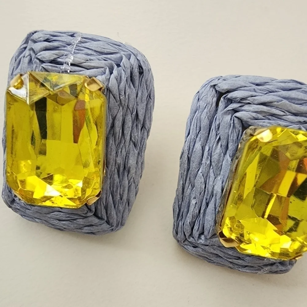 NWT Blue Yellow Raffia Emerald Cut Stone Colorful Rectangle Earrings